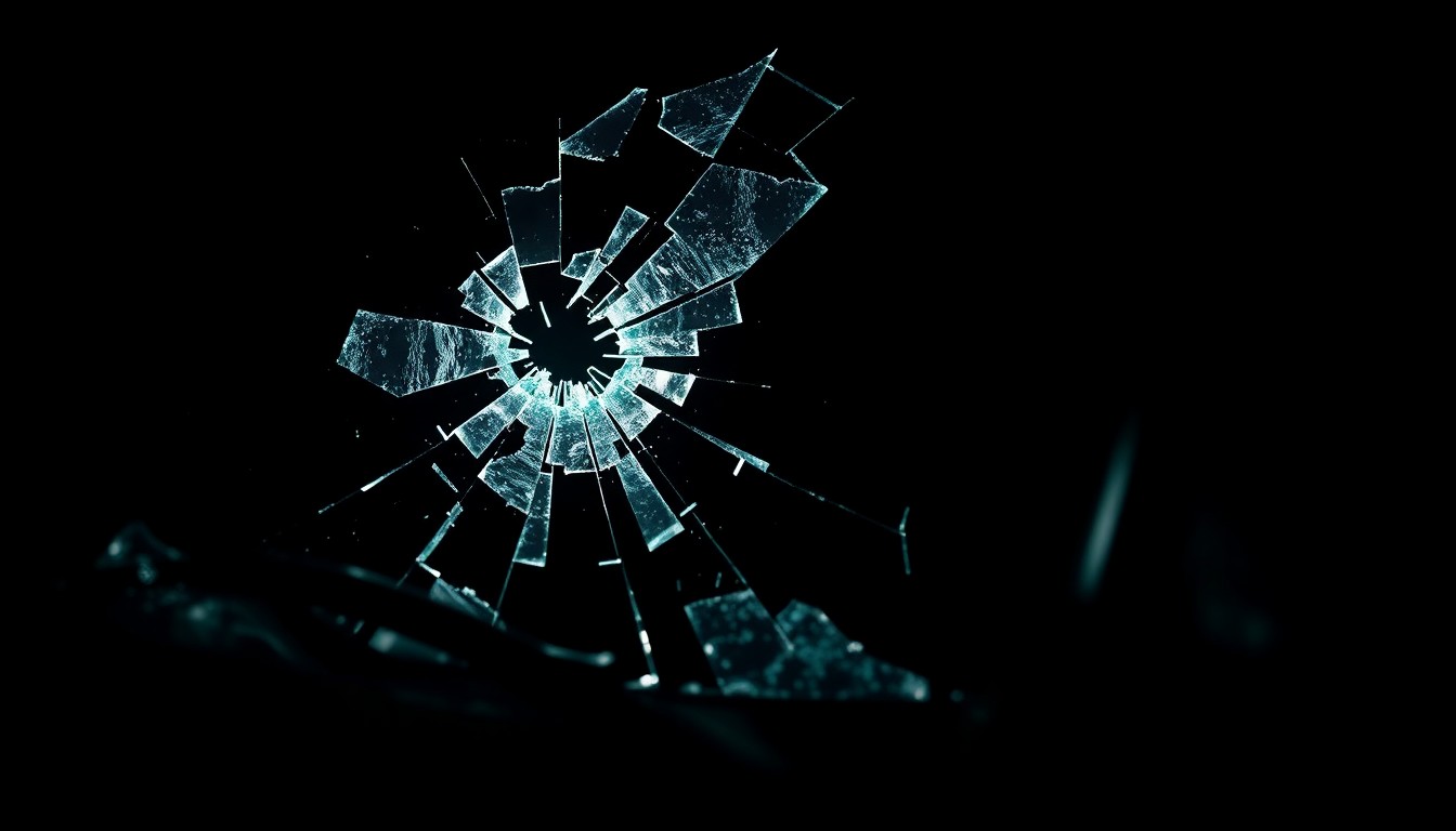 An extreme close-up photograph of a shattered car window or damaged vehicle part, capturing the stark, gritty aftermath of a serious crash through dramatic lighting and texture.