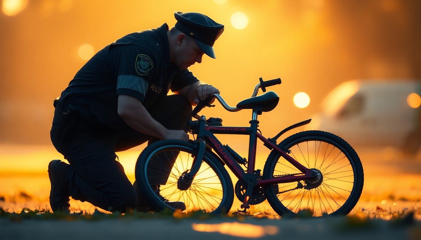 An abstract, impressionistic scene of a police officer repairing a child's bicycle, with the background blurred into soft, warm pools of light and color.