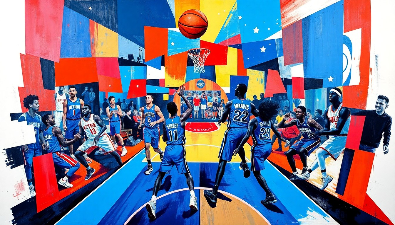 A cubist-style painting depicting a basketball game, with the players and court broken down into overlapping geometric shapes in the Pistons' blue and red colors and the Magic's blue and white.