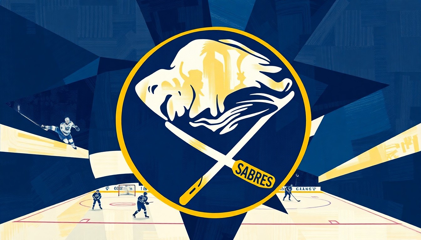 A fractured, cubist-style painting depicting a Sabres hockey game, with sharp geometric shapes in navy blue, gold, and white representing the players and action on the ice.