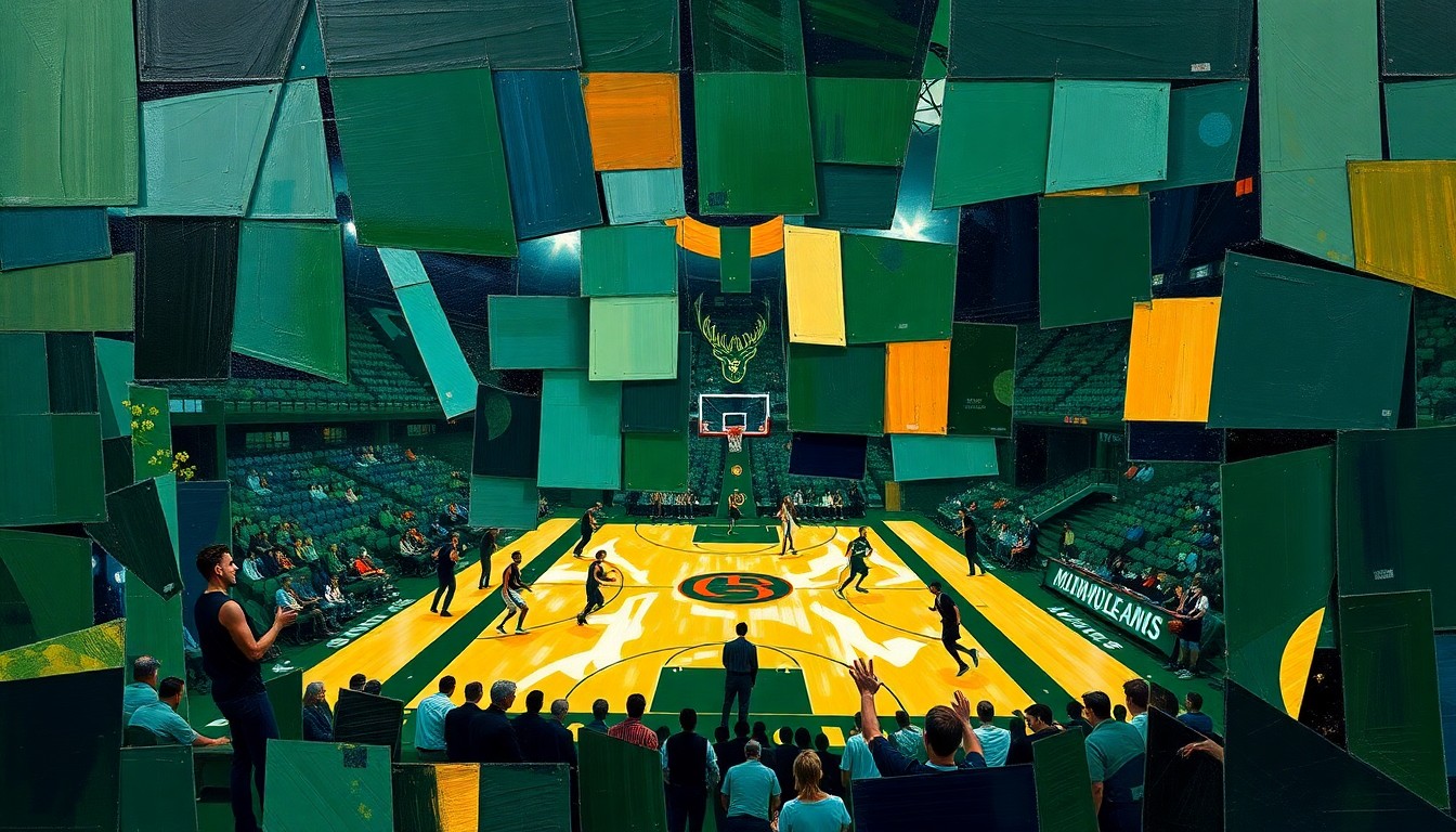 A cubist, geometric painting depicting a fragmented basketball game or match, with sharp, overlapping planes of dark green, navy blue, and gold colors representing the Milwaukee Bucks' team colors.
