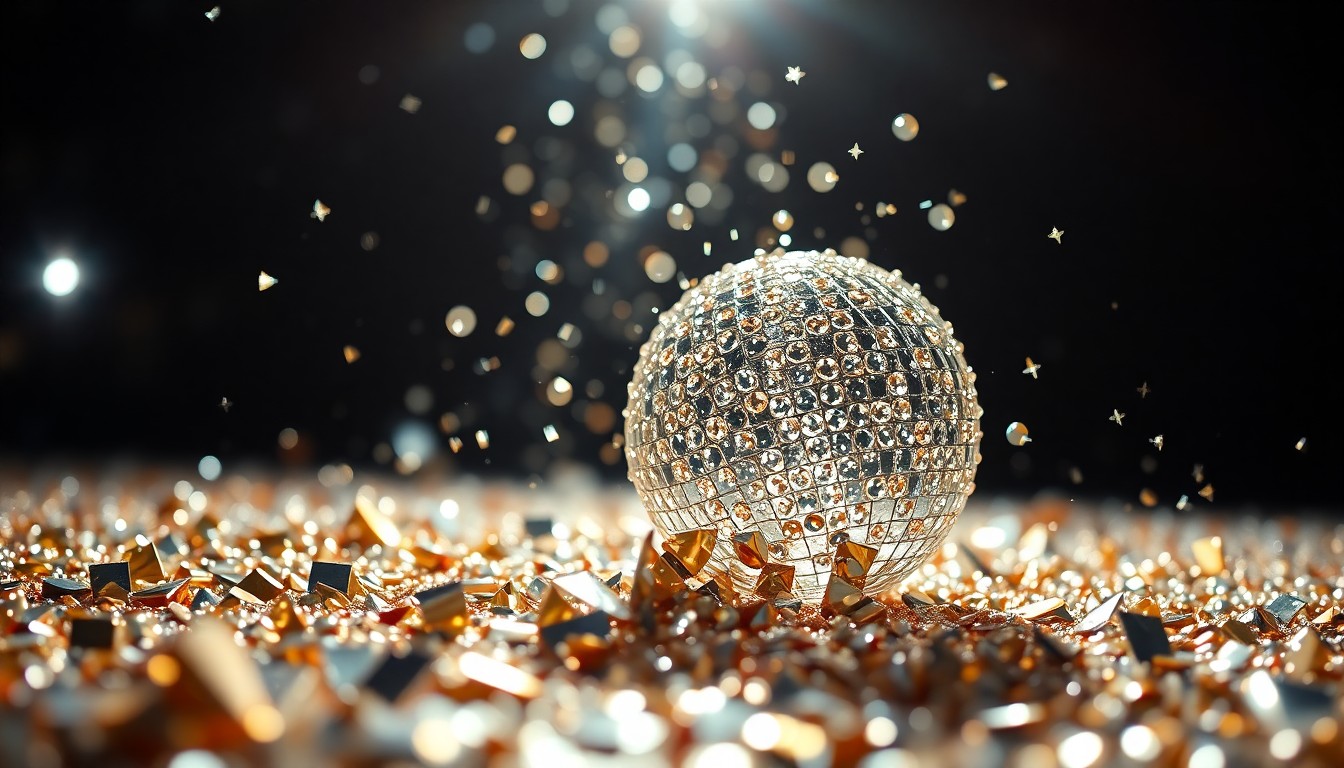 An abstract close-up image featuring a textured, glittering surface of sequins and shattered glass, conveying the glamour and energy of a Hollywood awards show without depicting any specific people or objects.