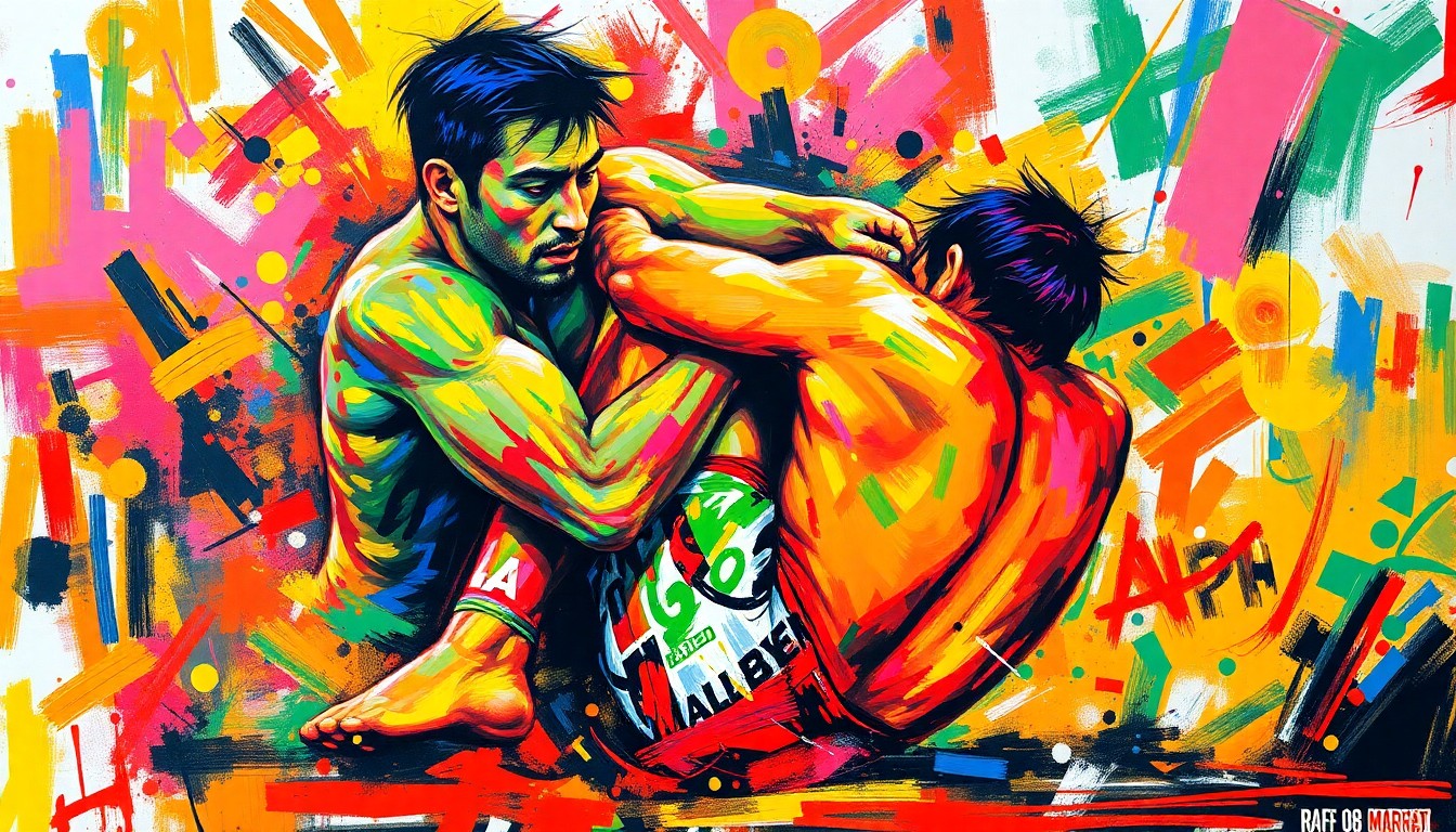 An abstract, neon-colored painting depicting the intense, chaotic energy of two figures violently colliding and tumbling off an elevated platform, with faces and forms dissolving into vibrant brushstrokes that capture the raw physicality of the moment.