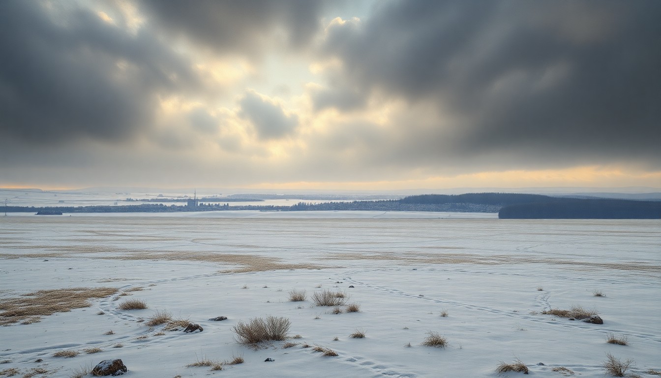 A sweeping, atmospheric landscape painting in muted tones of gray, white, and blue, capturing the overwhelming scale of nature as it dwarfs the small structures of a distant town, conceptually representing the impact of a water main break on a local community.
