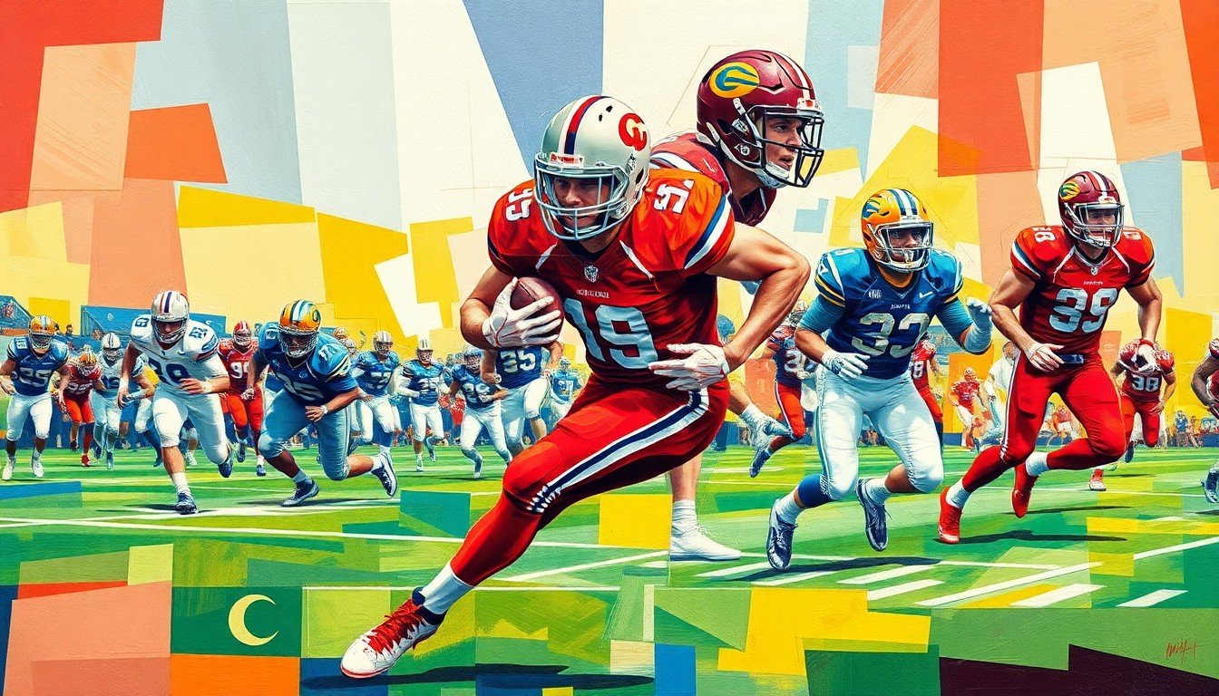 A fragmented, cubist-style painting depicting a college football player in mid-motion, with the player's form broken down into sharp, overlapping geometric shapes in the team's official colors.