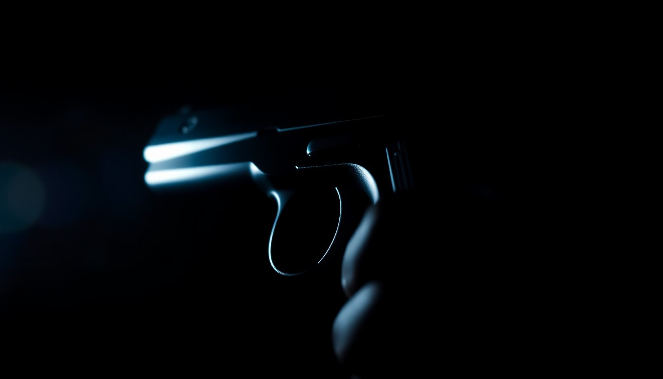 An extreme close-up photograph of a handgun trigger and grip, lit by a harsh, direct camera flash against a pitch-black background, creating a stark, gritty, investigative aesthetic that conceptually illustrates the threat of gun violence in a home invasion.