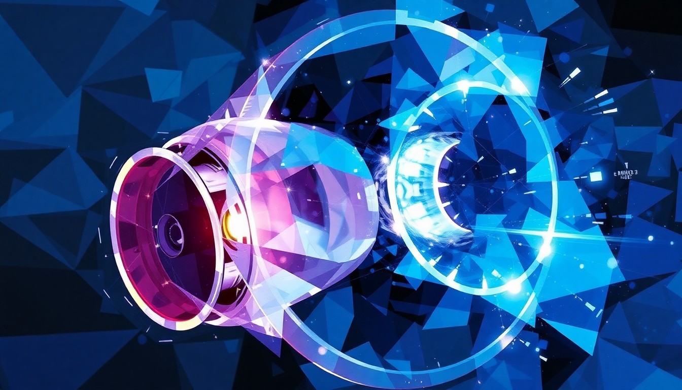 A dynamic, abstract painting featuring overlapping, geometric shapes and waves of blue, purple, and white color, conceptually representing the fragmented and unsettling nature of the mysterious incidents involving the scientists.