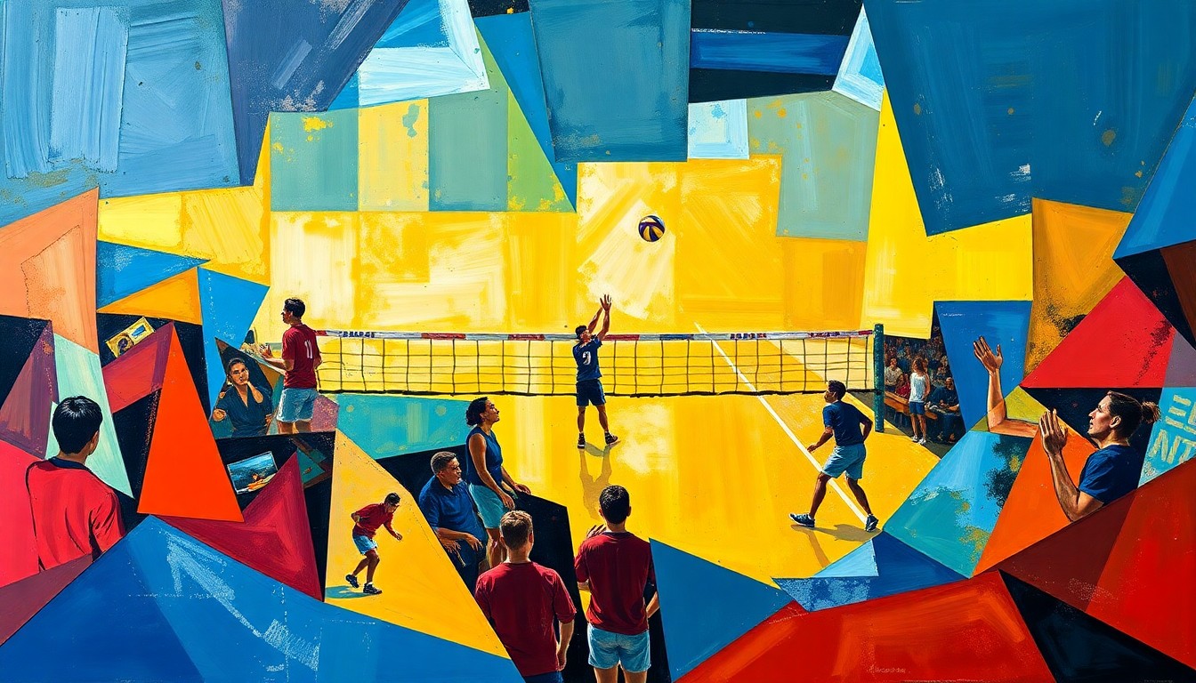 A fragmented, geometric painting depicting a volleyball match, with sharp planes of color and overlapping perspectives conveying the sport's intensity and movement.