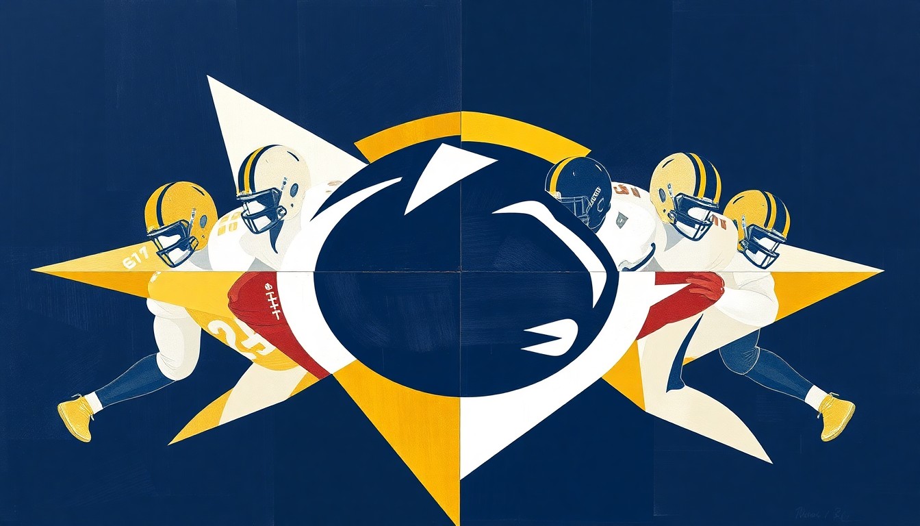 A cubist, geometric painting depicting the fractured, overlapping forms of a football offensive line, with dominant colors of navy blue, white, and gold to represent Penn State's team colors.