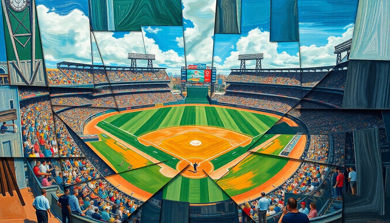 A fragmented, geometric painting depicting a baseball player in motion, with the player's form broken down into sharp, overlapping shapes and planes, conveying the dynamic energy of the sport.