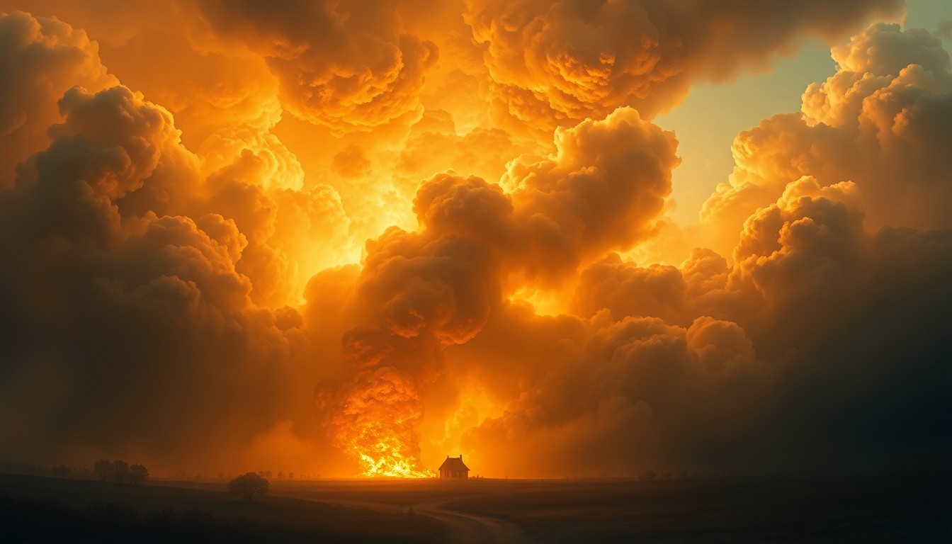 A dramatic, atmospheric landscape painting in muted tones of gray, orange, and black, depicting a distant house engulfed in flames, with thick plumes of smoke obscuring the scene and dwarfing the small structure.