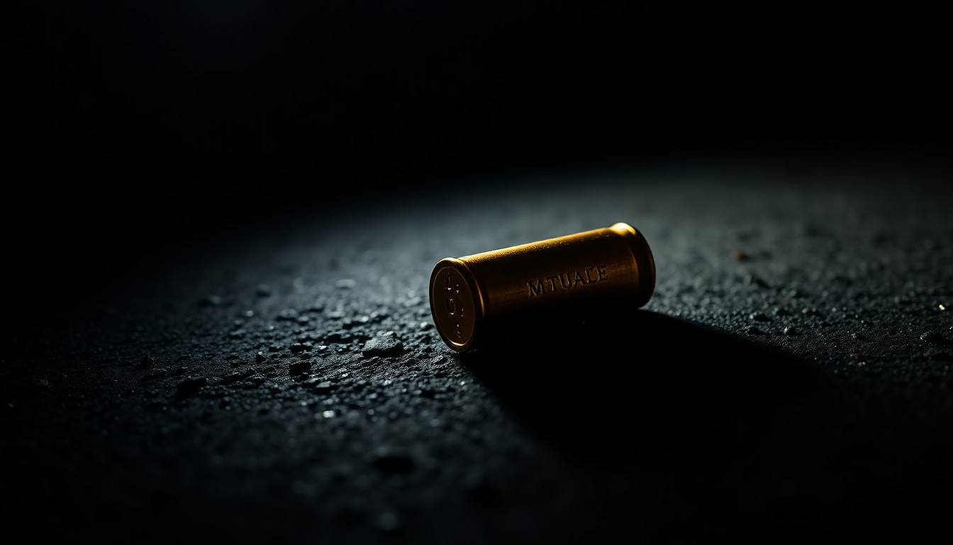An extreme close-up photograph of a single spent bullet casing on a dark, textured surface, lit by a harsh, direct camera flash, creating a gritty, investigative aesthetic.