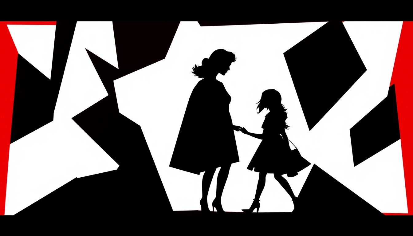 An abstract, minimalist illustration featuring sharp, geometric shapes in bold red and white, conceptually representing the connection between a mother and daughter's passion for fashion.