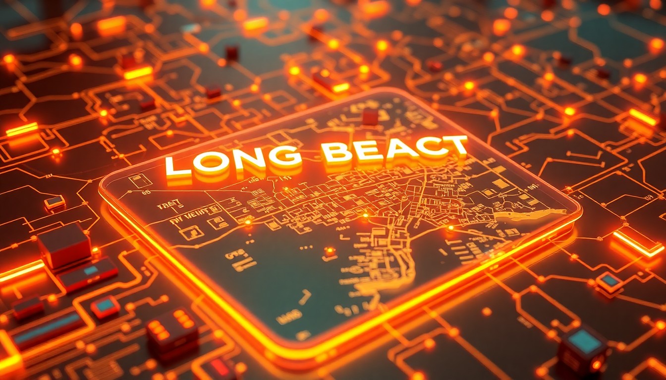A highly detailed, glowing 3D illustration of a digital map of Long Beach, NY, with pulsing neon lights representing real-time news and community events, surrounded by abstract, futuristic hardware elements to conceptually represent the technology-powered platform.