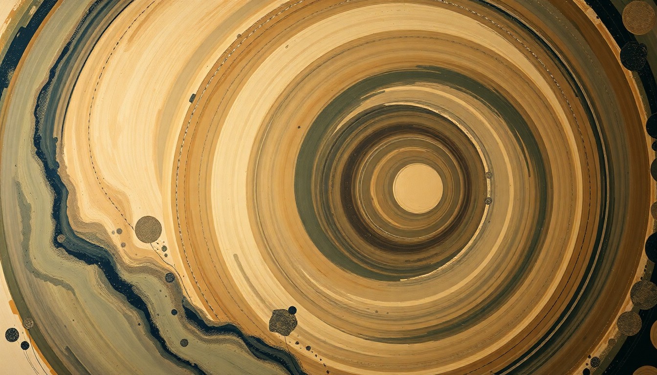 A highly structured abstract painting in muted earth tones, featuring sweeping geometric arcs, concentric circles, and precise botanical spirals, conveying the complex forces and vast distances of interstellar space that Voyager 1 is exploring.