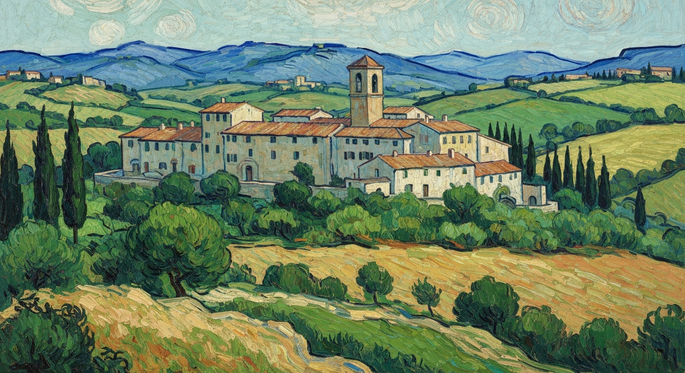 A textured oil painting in the style of Vincent Van Gogh, depicting the medieval village of Bagno Vignoni nestled among rolling hills, with a central thermal pool surrounded by historic buildings and lush greenery, capturing the tranquil and restorative atmosphere of this Tuscan wellness destination.