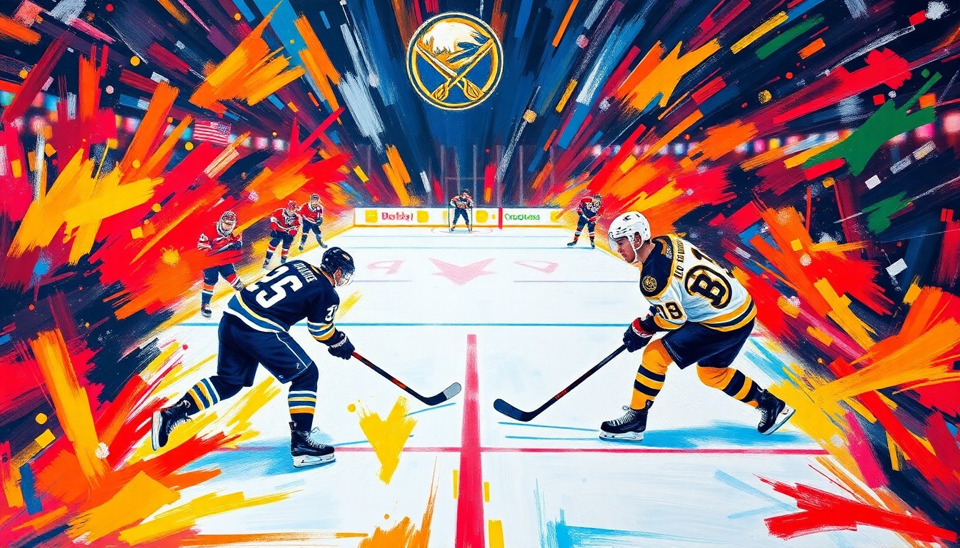 An abstract, expressionist painting featuring dynamic, neon-colored brushstrokes that convey the raw energy and intensity of a high-stakes NHL hockey game between two rival teams.