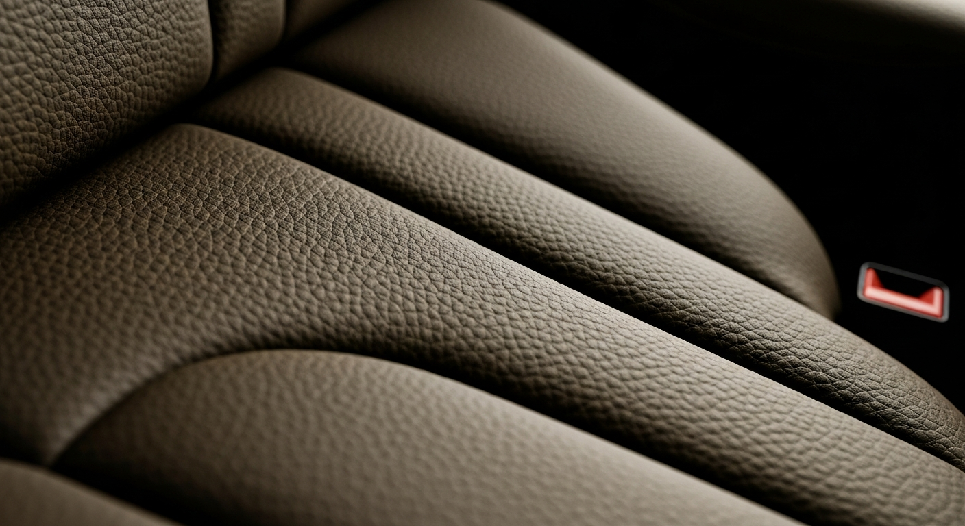 An extreme close-up of a textured, pebbled leather car seat in muted earth tones, conveying the craftsmanship and attention to detail in automotive design.