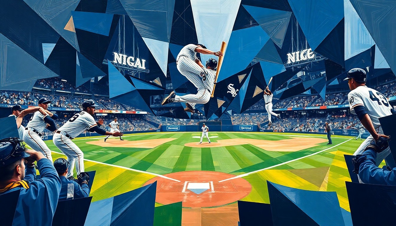 A fractured, geometric painting depicting the dynamic motion of a baseball player, their form broken down into overlapping planes of navy blue, silver, and white, capturing the energy and potential of the Chicago White Sox's young star.