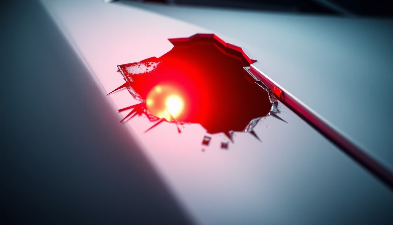 An extreme close-up of a shattered car sensor lens reflecting a faint red light, conceptually illustrating the vandalism of self-driving cars.