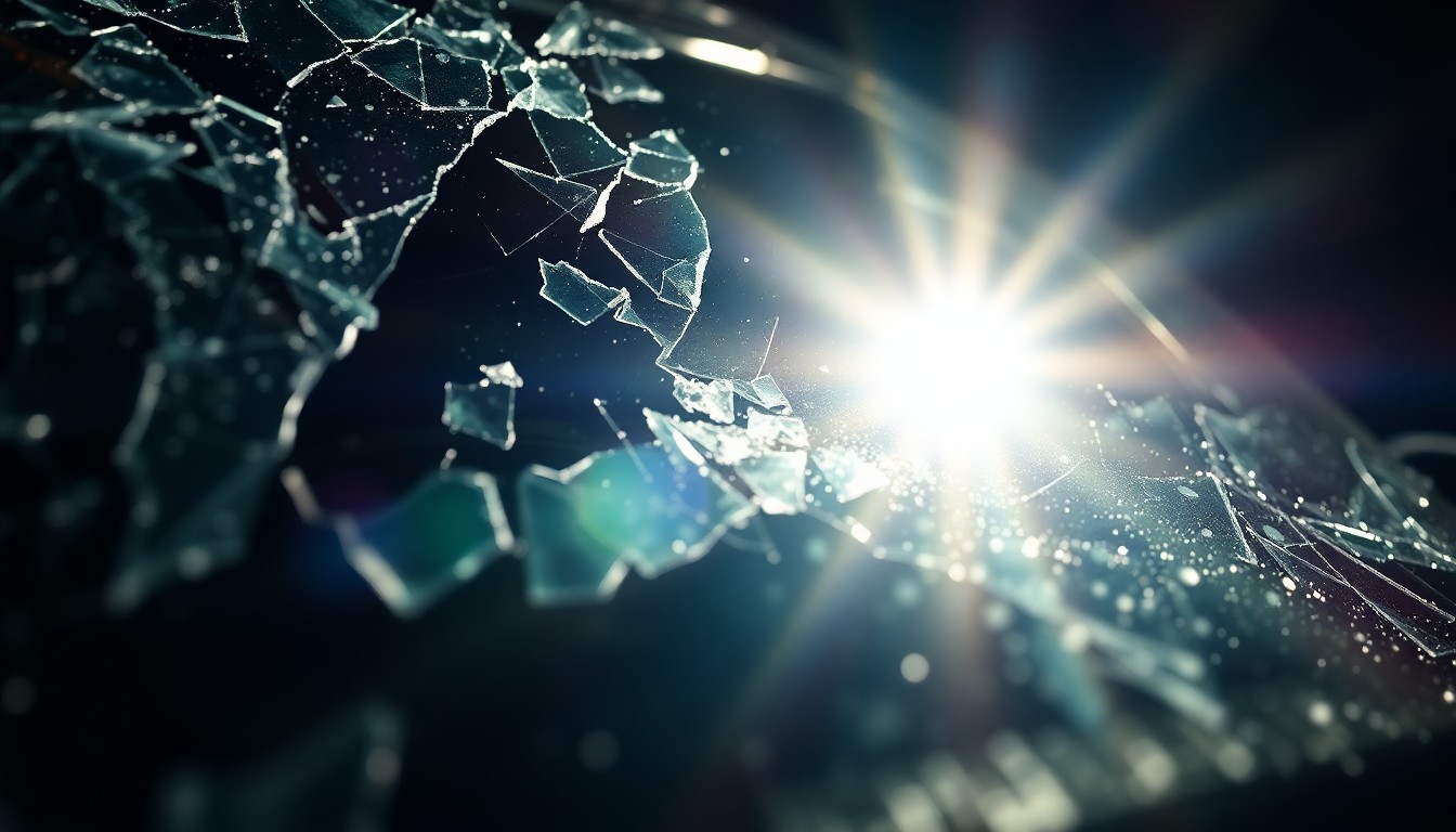 An extreme close-up photograph of a shattered car windshield reflecting the harsh glare of a camera flash, conceptually representing the aftermath of a fatal crash caused by impaired driving.