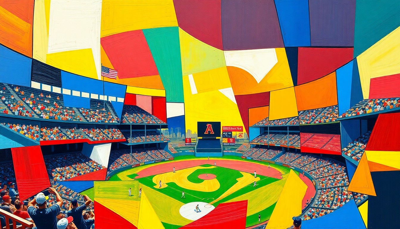A fractured, geometric painting in vibrant colors depicting a baseball game or match, with sharp, overlapping planes representing the different perspectives and elements of the sport.