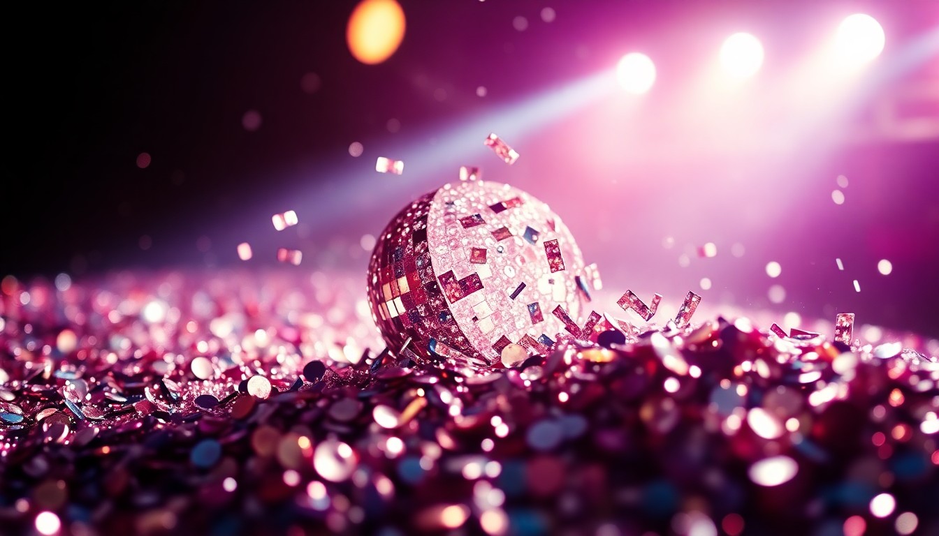 An abstract close-up image featuring a dramatic, high-contrast composition of shimmering sequins and shattered glass, conveying the glamour and energy of a music festival performance.