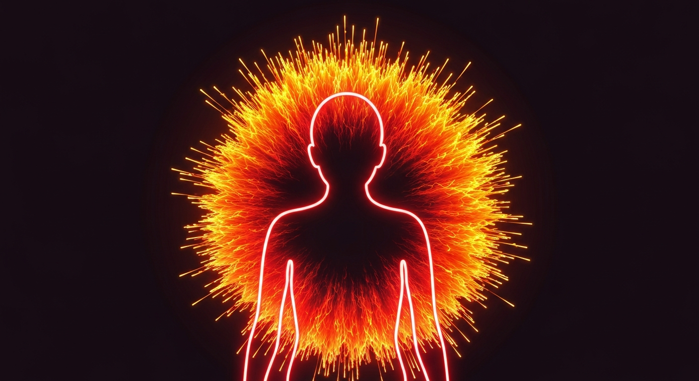 A minimalist neon outline of a person's silhouette, surrounded by a vibrant halo of pulsing lines in warm colors, conceptually representing the resilience and empowerment of domestic violence survivors.