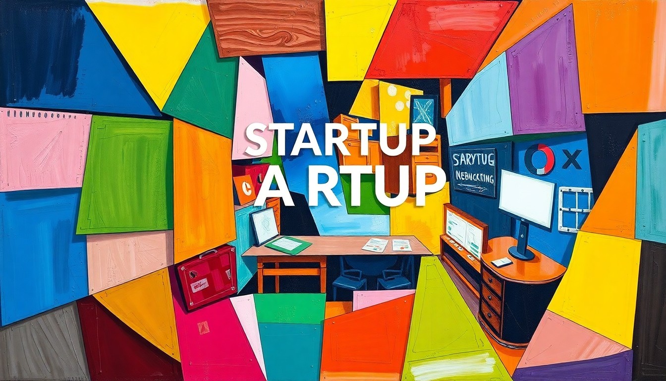 A cubist-style painting depicting the various elements of a startup advice hub, including data visualizations, mentorship connections, and community engagement, all rendered in a fragmented, geometric style that captures the complexity and interconnectedness of the entrepreneurial ecosystem.