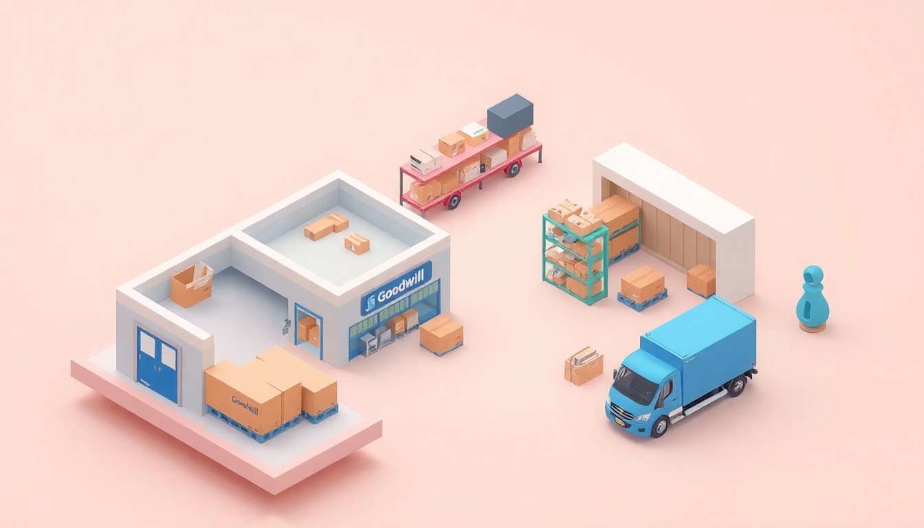 A miniature, stylized 3D illustration of a Goodwill thrift store and logistics warehouse, with shelves of donated goods and delivery trucks, all rendered in a clean, modern, and playful visual style to represent the nonprofit's expansion and sustainability efforts.