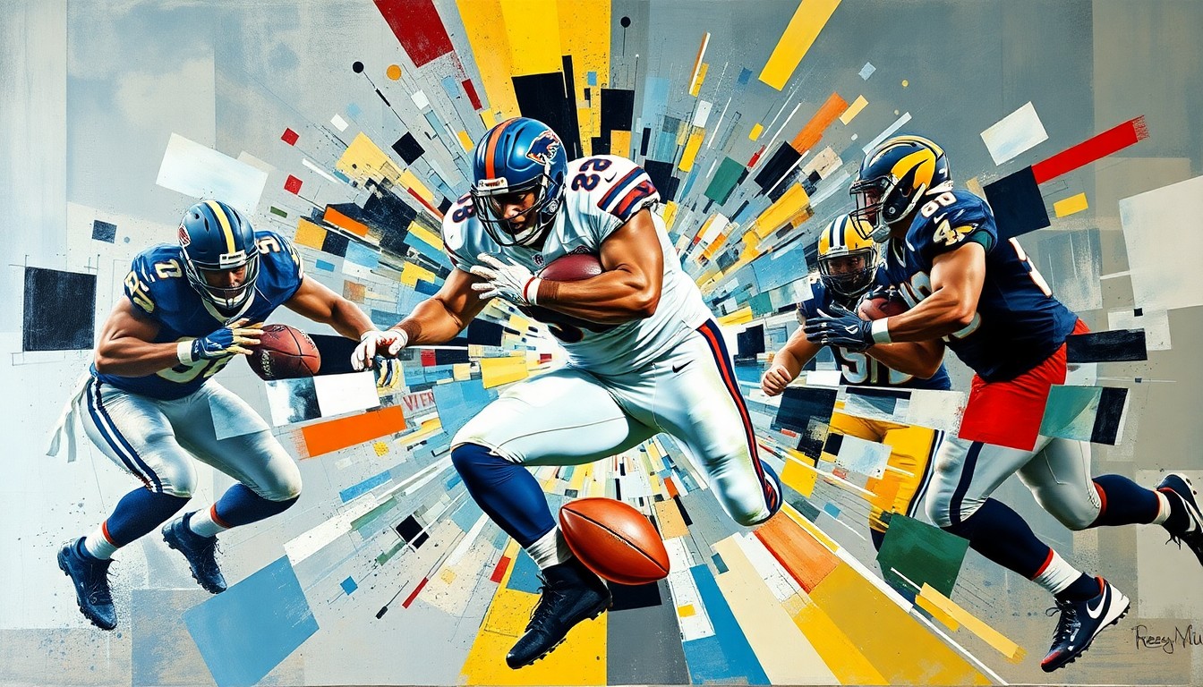 A fractured, multi-angled painting depicting the explosive movements and collisions of a defensive lineman, rendered in a cubist style with sharp, overlapping geometric shapes and planes of color.