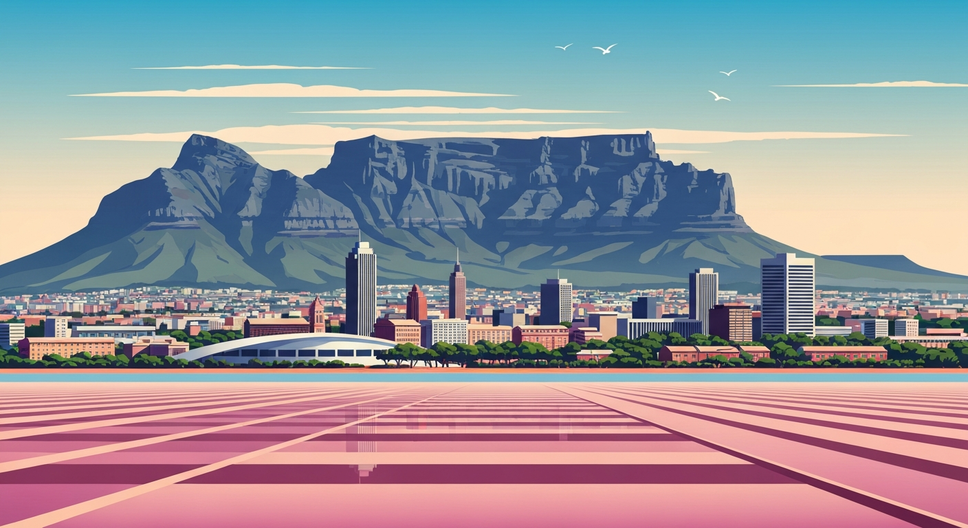 A highly stylized, geometric illustration depicting the sweeping skyline of Cape Town, with Table Mountain and the city's iconic architecture rendered in bold, airbrushed gradients of color. The image conveys a sense of the city's monumental scale and romantic appeal as a travel destination.