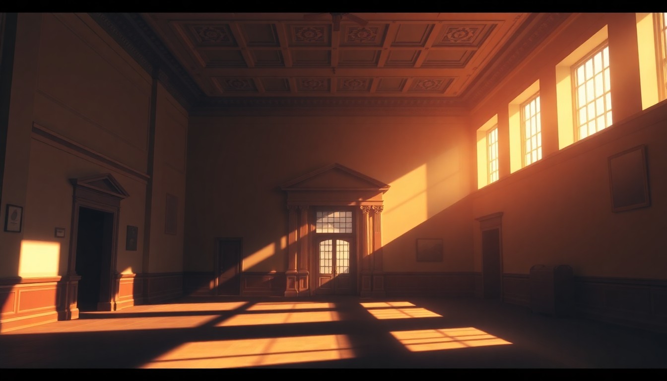 A warm, cinematic painting of an empty government office space with deep shadows and diagonal sunlight, conceptually representing the political tensions underlying Trump's remarks on Israel.