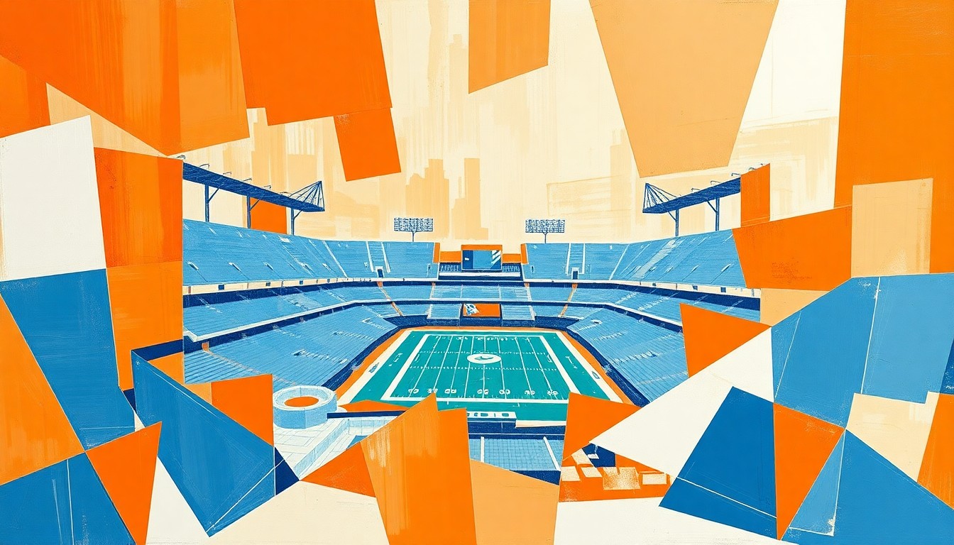A cubist, geometric illustration depicting the planned renovations to Jordan-Hare Stadium, with sharp, overlapping planes in the school's colors of orange, blue, and white.