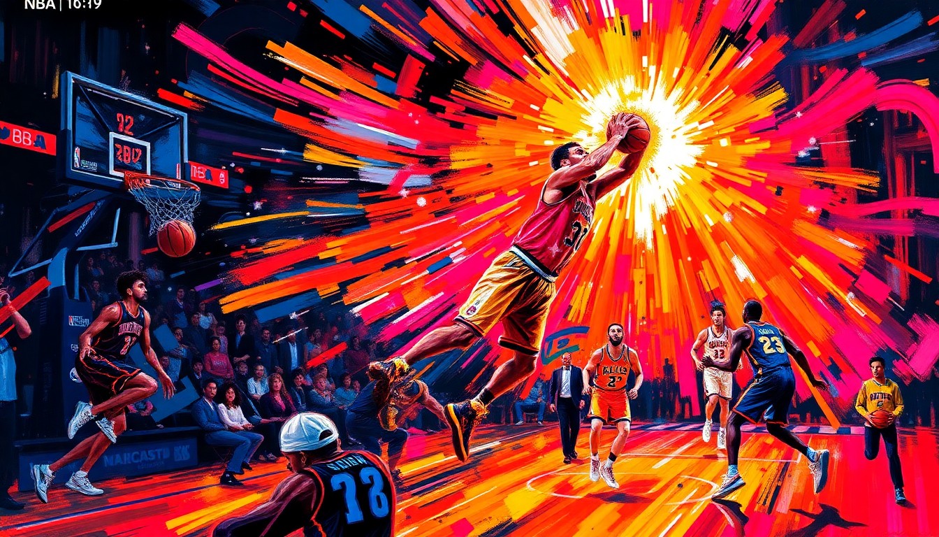 An abstract, energetic painting in neon colors depicting the intensity and movement of an NBA playoff game, with no recognizable figures or text.