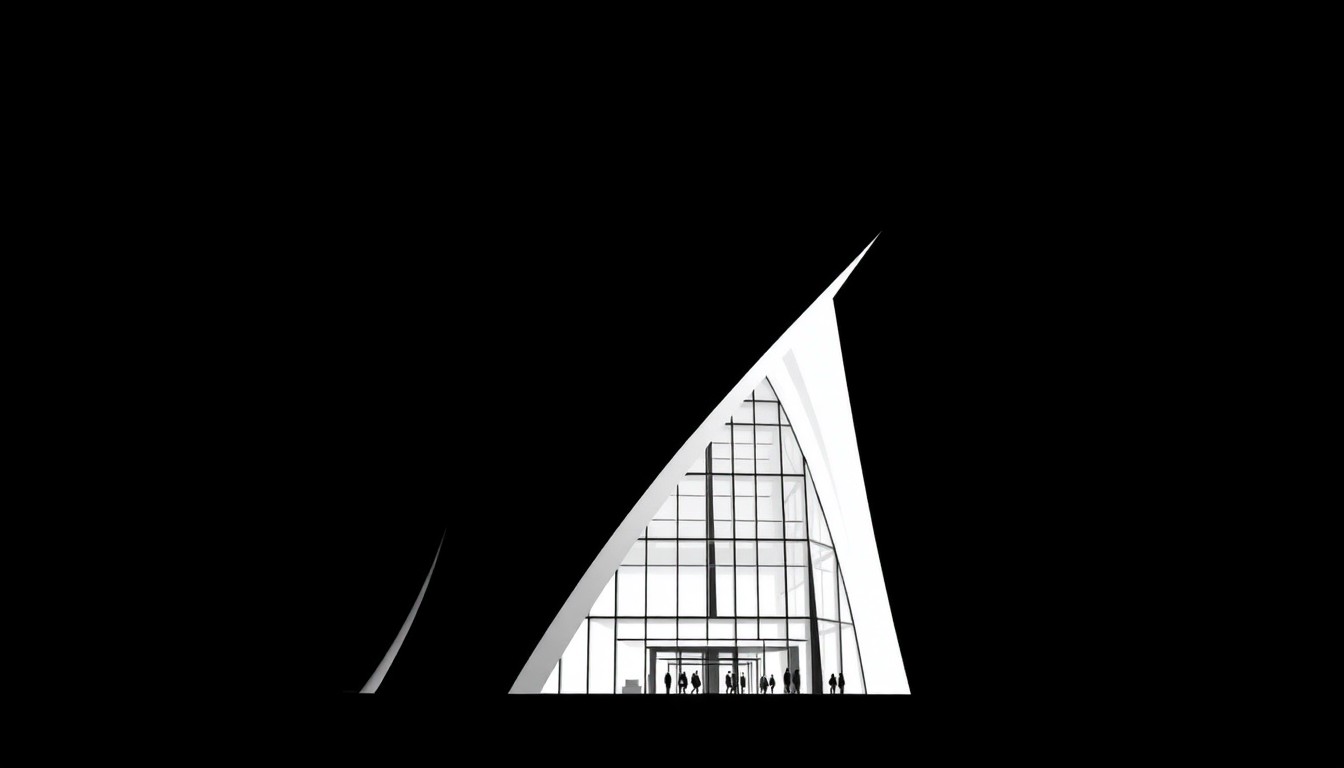 A dramatic black and white silhouette of an abstract, angular sculpture or architectural form, conceptually representing the Frist Art Museum's renovation and growth as a cultural institution.
