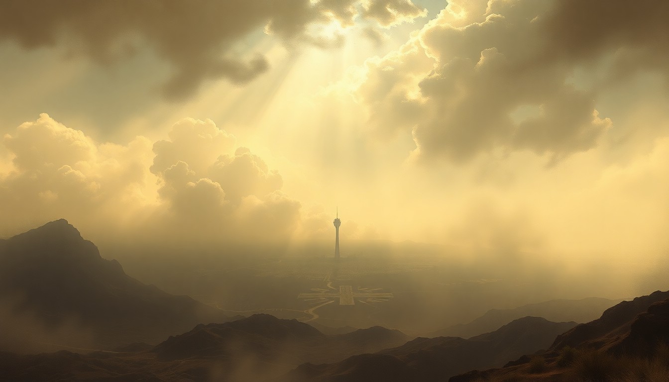 A sweeping, atmospheric landscape painting in muted tones of grey, blue, and ochre, depicting a hazy, windswept scene over a city skyline, with the silhouette of an airport control tower barely visible in the distance, dwarfed by the overwhelming power of the natural elements.