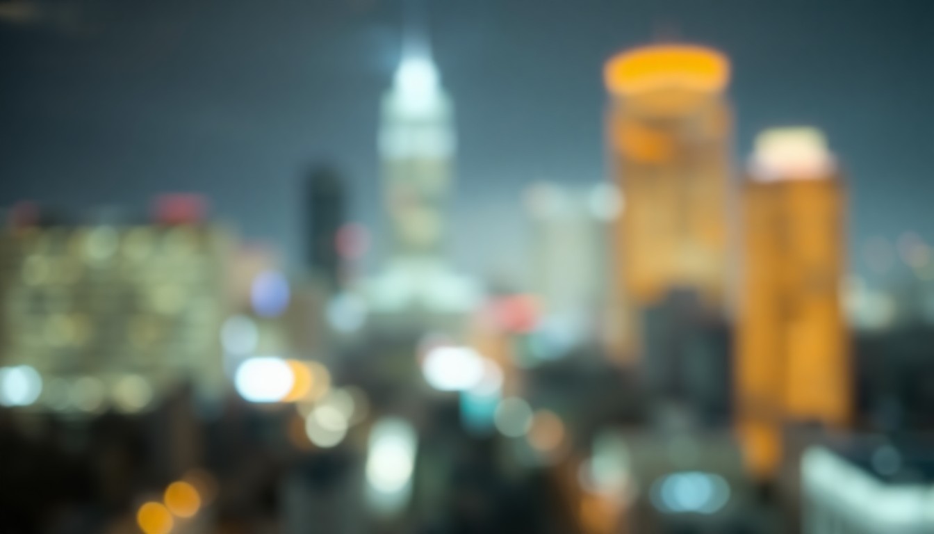 An extremely blurred and out-of-focus cityscape with glowing lights and hazy silhouettes, conveying the uncertain and shifting nature of the Austin real estate market.