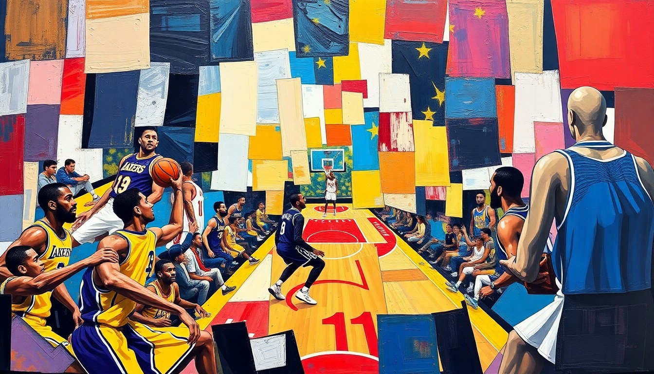 A cubist, geometric painting depicting a basketball game, with overlapping planes of color representing the players and action on the court.