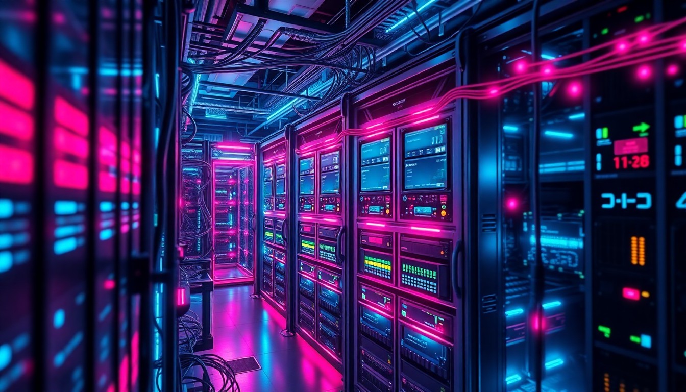 A highly detailed, glowing 3D illustration of a complex financial data center infrastructure, with neon cyan and magenta lights illuminating the various servers, cables, and networking components, conveying the scale and interconnectedness of modern hybrid cloud systems in the financial sector.