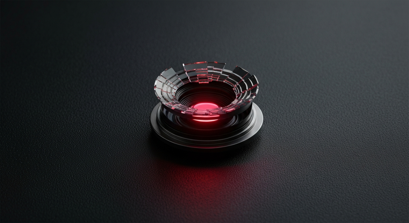An extreme close-up of a shattered car sensor lens reflecting a faint red light, conceptually illustrating the vandalism of self-driving cars.