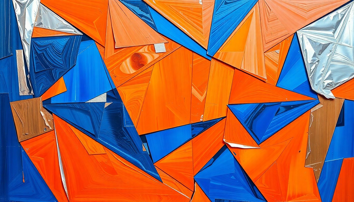 A cubist, geometric painting in bright orange, deep blue, and metallic silver hues, depicting an NBA playoff game broken down into sharp, overlapping planes that convey the dynamic, high-stakes action of the postseason.