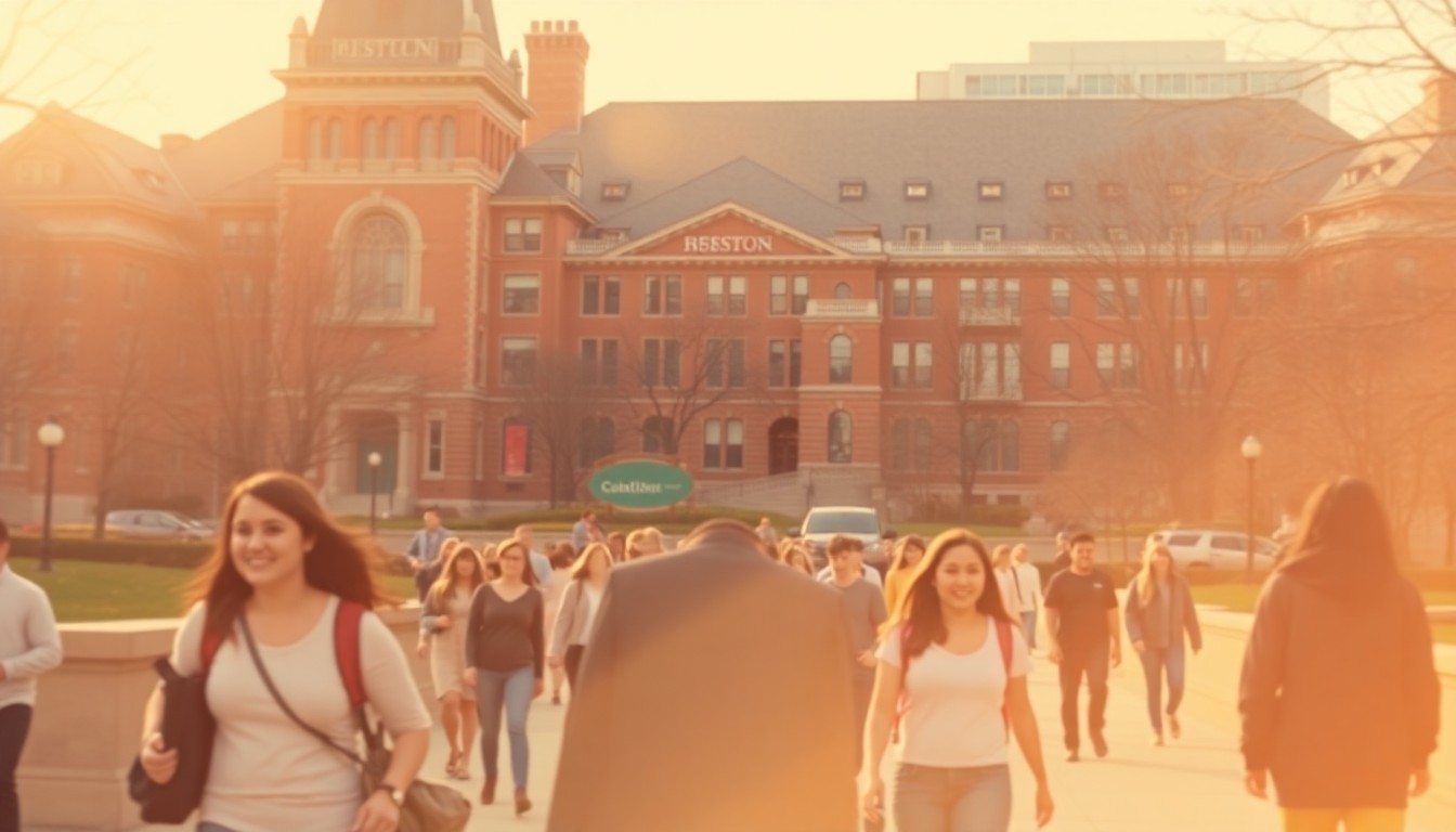 A blurred, impressionistic photograph showing a group of students walking through a busy urban campus, with the iconic architecture of Boston University's campus visible in the background, conveying the sense of community and energy of the CGS program.