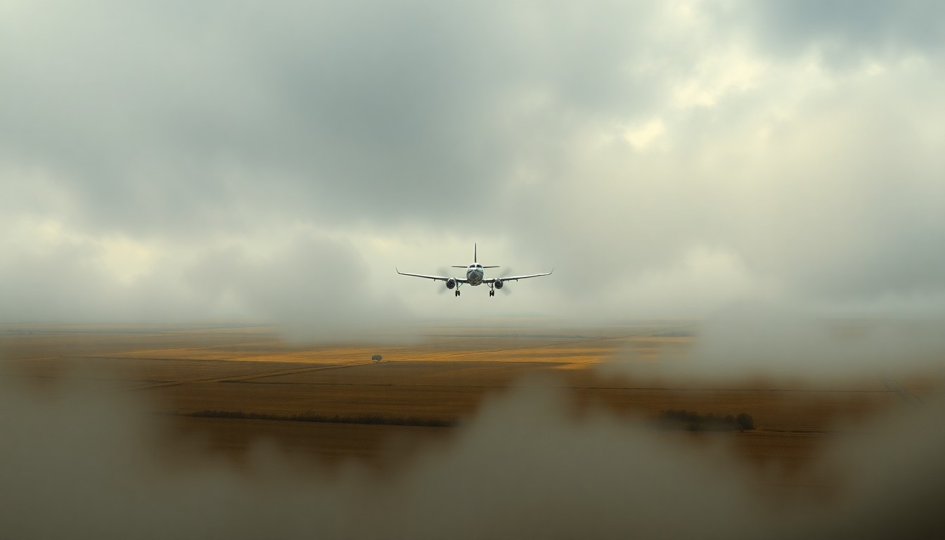 A sweeping, atmospheric landscape painting in muted tones of grey, blue, and green, with a small plane descending through heavy fog and clouds over a vast, rural field, dwarfed by the overwhelming scale of the natural environment.