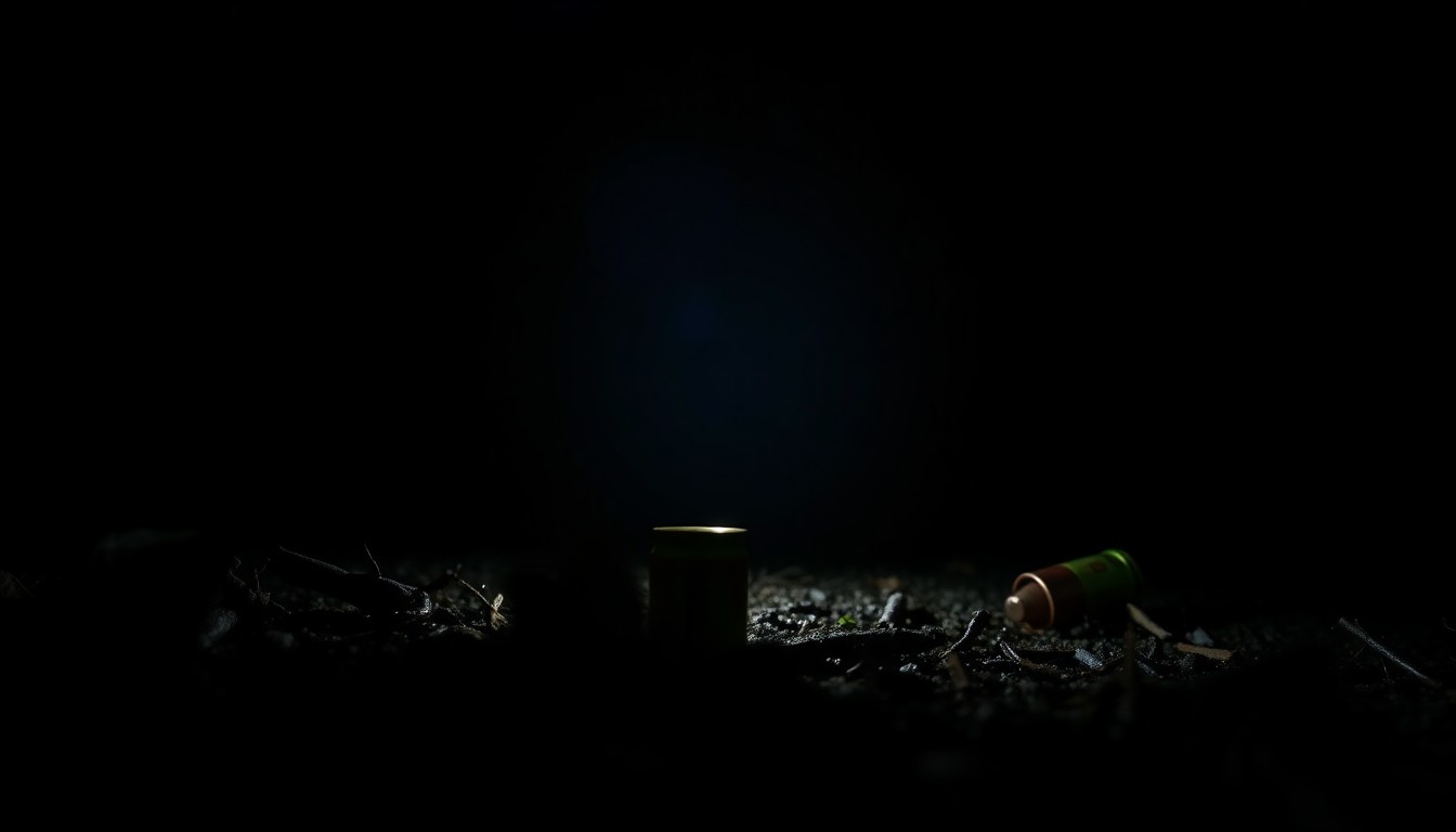 An extreme close-up photograph of a single shotgun shell casing lying on the forest floor, lit by a harsh, direct camera flash against a pitch-black background, conveying the sudden, serious nature of the accidental shooting incident.