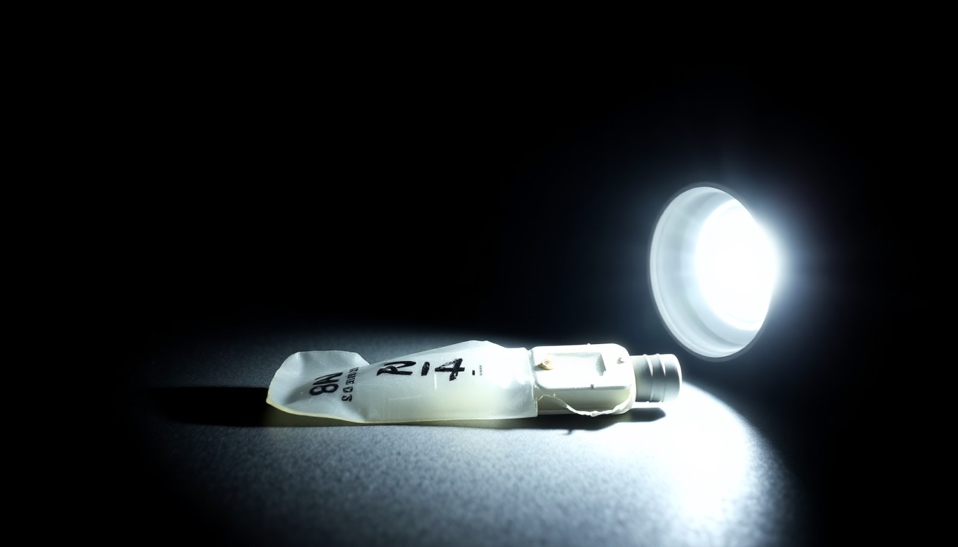 An extreme close-up photograph of a car part or personal item from the crime scene, lit by a harsh flash and set against a pitch-black background, conveying the stark, gritty, and investigative nature of this tragic case.