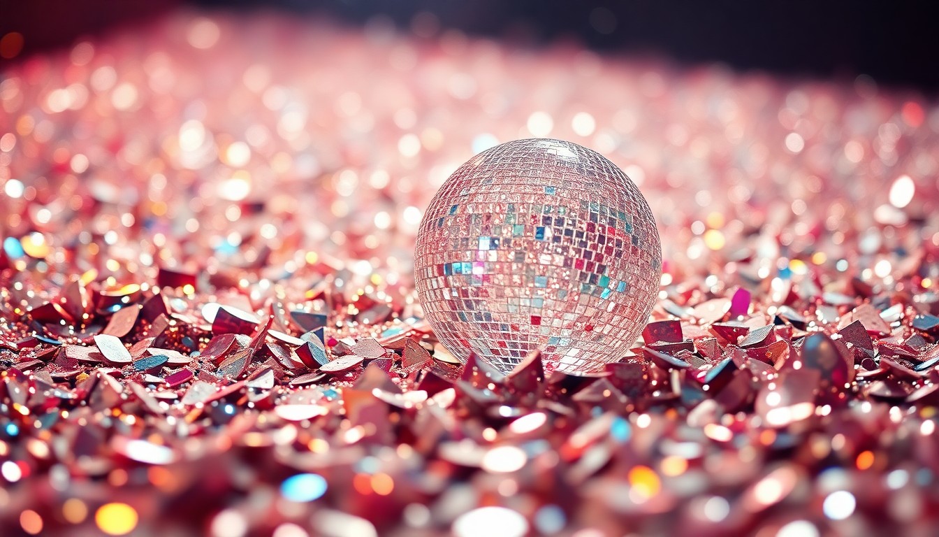 An extreme close-up of shimmering sequins and shattered glass reflecting dramatic studio lighting, conveying the glamour and excitement of a major music festival performance.