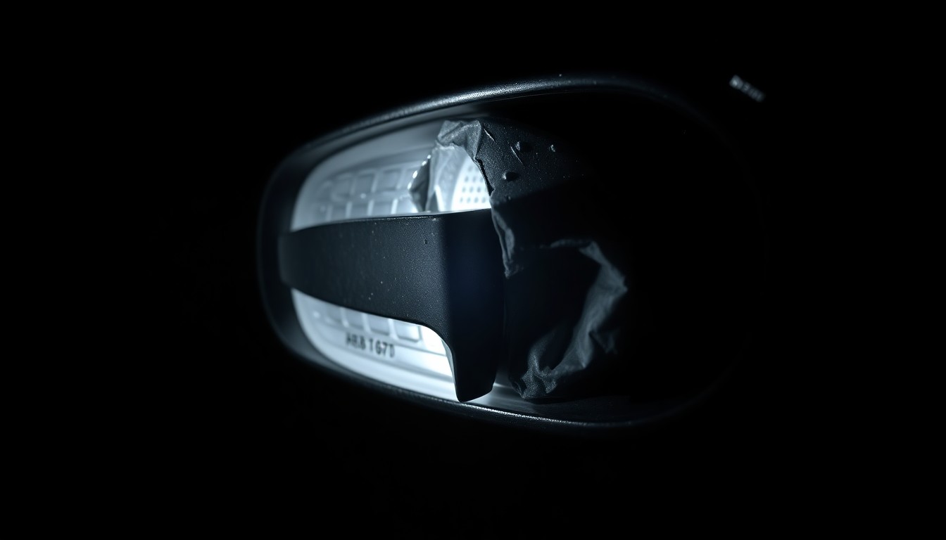 An extreme close-up photograph of a crumpled car door handle, reflecting the harsh lighting and stark, gritty aesthetic of the Weegee photographic style, conceptually representing the aftermath of a dangerous police chase.