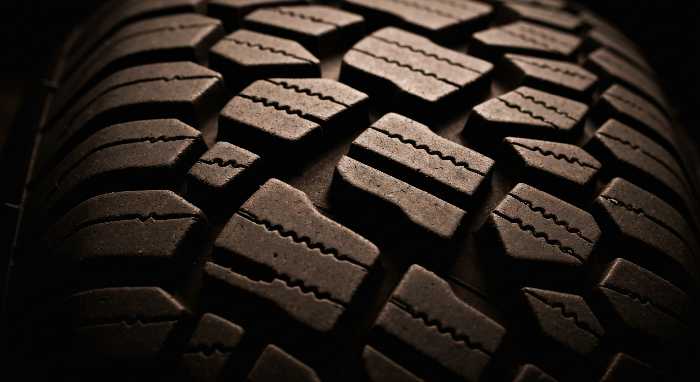 An extreme close-up photograph showcasing the intricate, textured surface of an automobile tire tread, conveying the specialized materials and maintenance needs of vehicles in an urban environment.