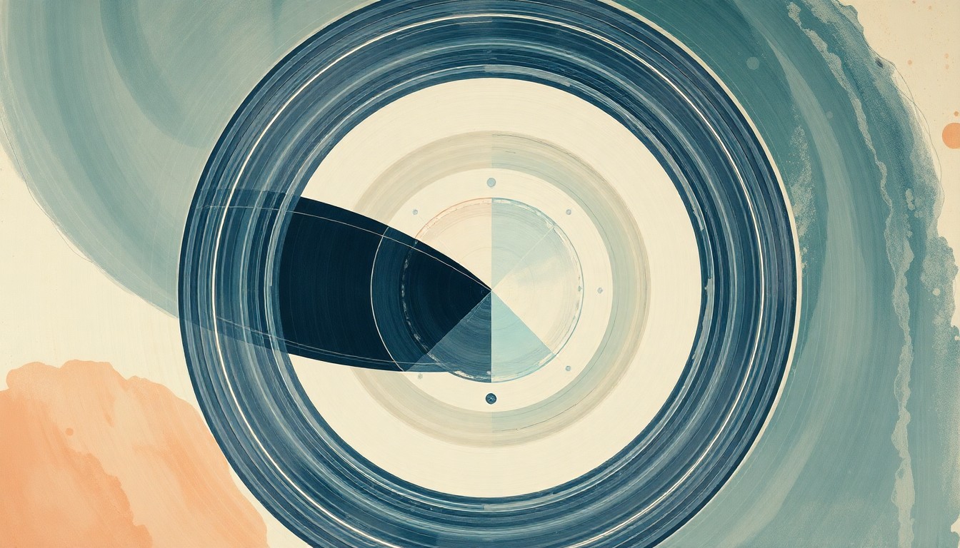 A highly structured abstract painting in soft blues, greens, and grays, featuring sweeping geometric arcs, concentric circles, and precise botanical spirals, conceptually representing the disciplined teamwork and leadership required for a successful space mission.